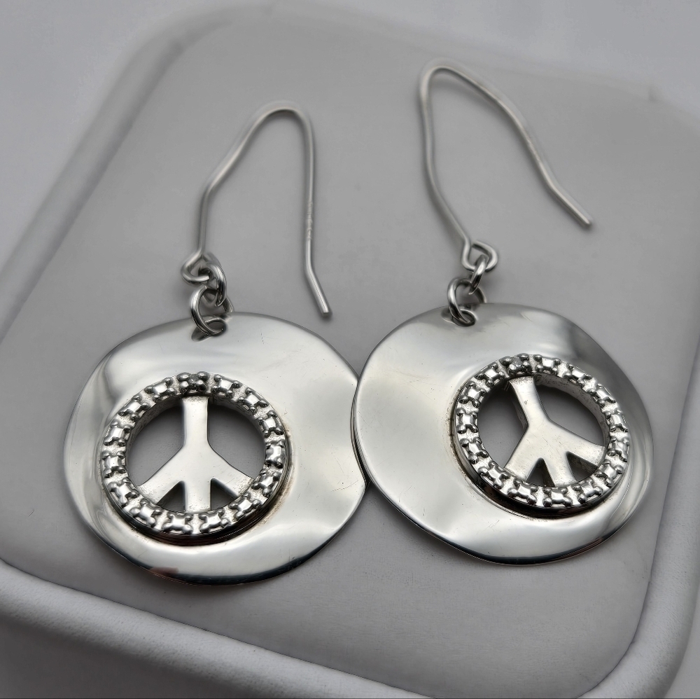 Circle of Peace Sign Symbol Earrings Sterling Silver Dandle Round - Picture 4 of 9